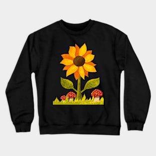 Sunflower in the grass along with some amanita mushrooms. Textured Illustration. Crewneck Sweatshirt